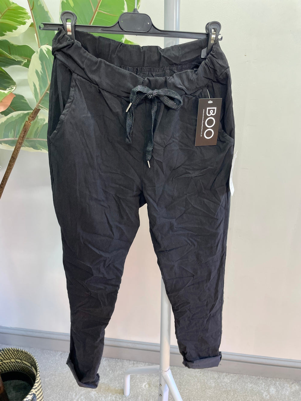 LADIES WOMENS BLACK CRINKLE STRETCH CASUAL MAGIC TROUSERS