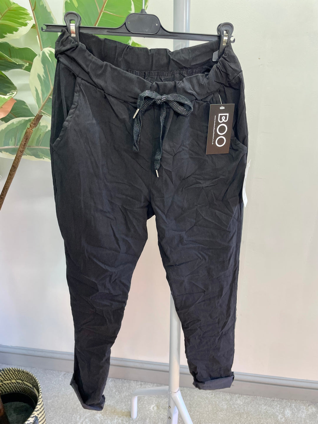 LADIES WOMENS BLACK CRINKLE STRETCH CASUAL MAGIC TROUSERS