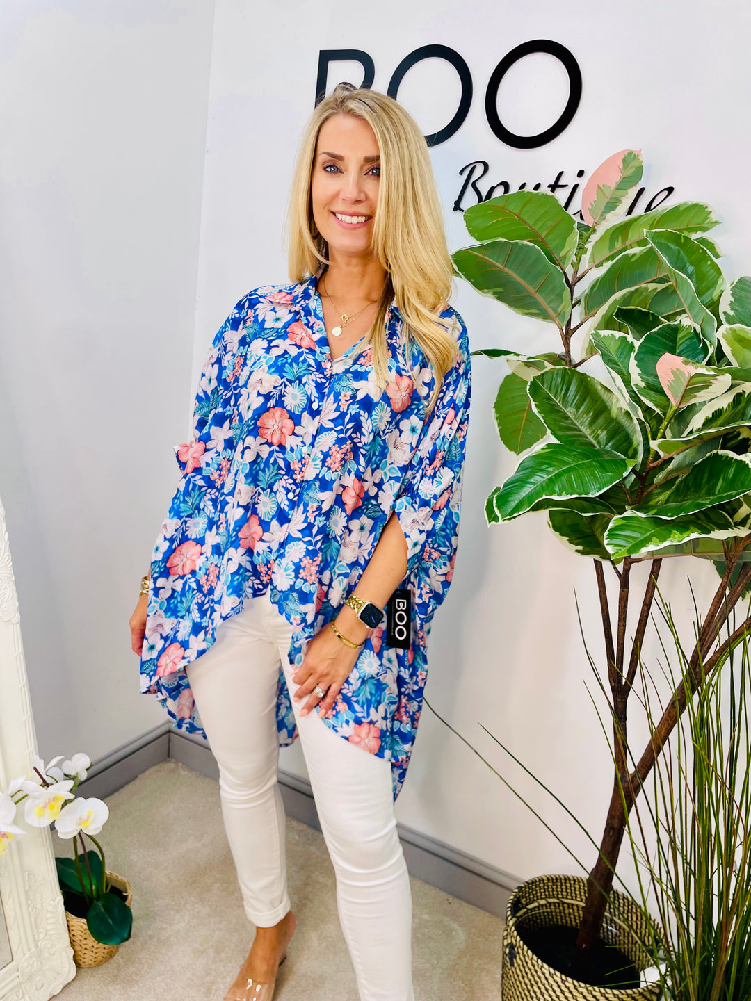 LADIES OVERSIZE BLUE & RED FLOWER PRINT FLOATY TOP