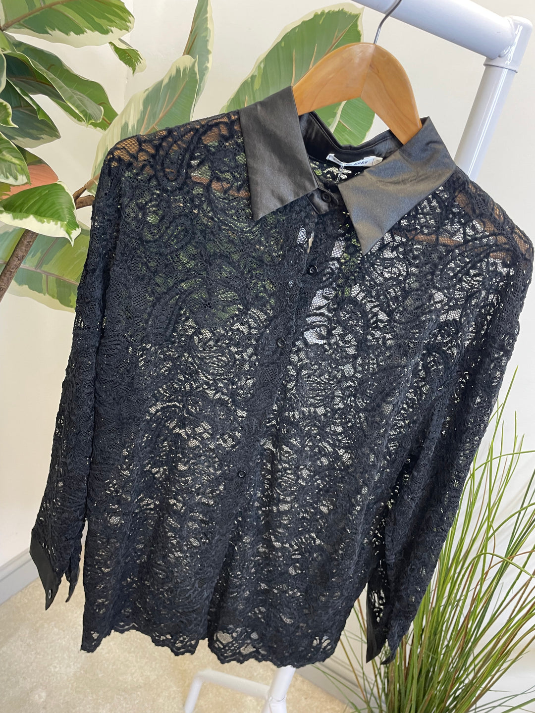 LADIES SHEER LACE BLOUSE SHIRT - BROWN, BLACK & BERRY