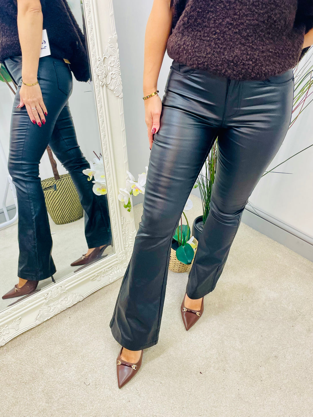 LADIES BLACK WAXY SHINY KICK FLARE JEANS