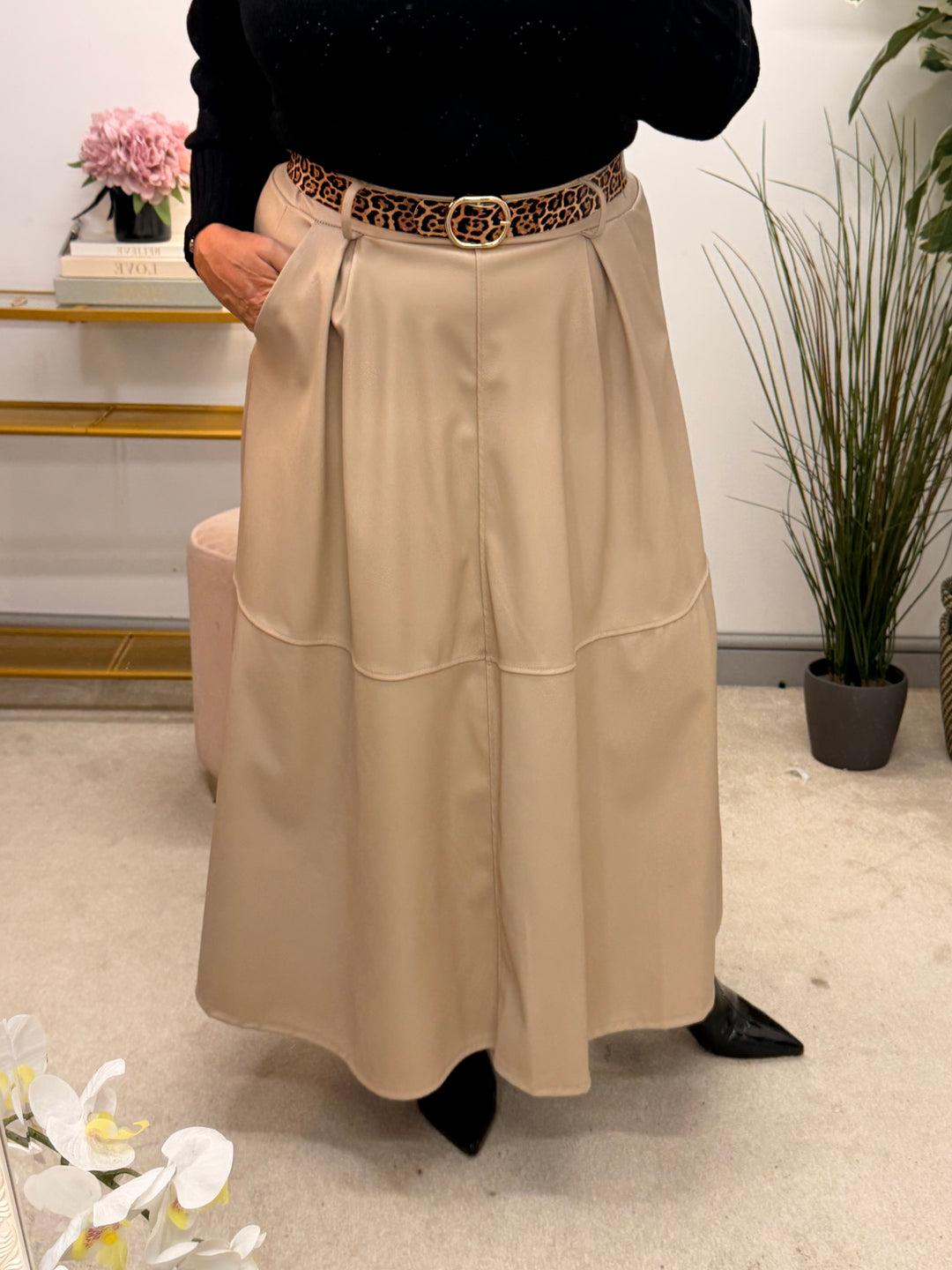 Womens fashion faux leather A line maxi skirt - black, brown & beige