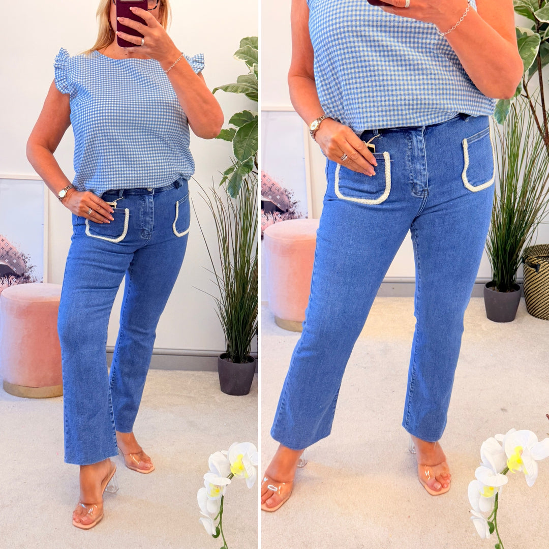 Ladies Fashion Front Pocket Blue Denim Ankle Grazer Jeans