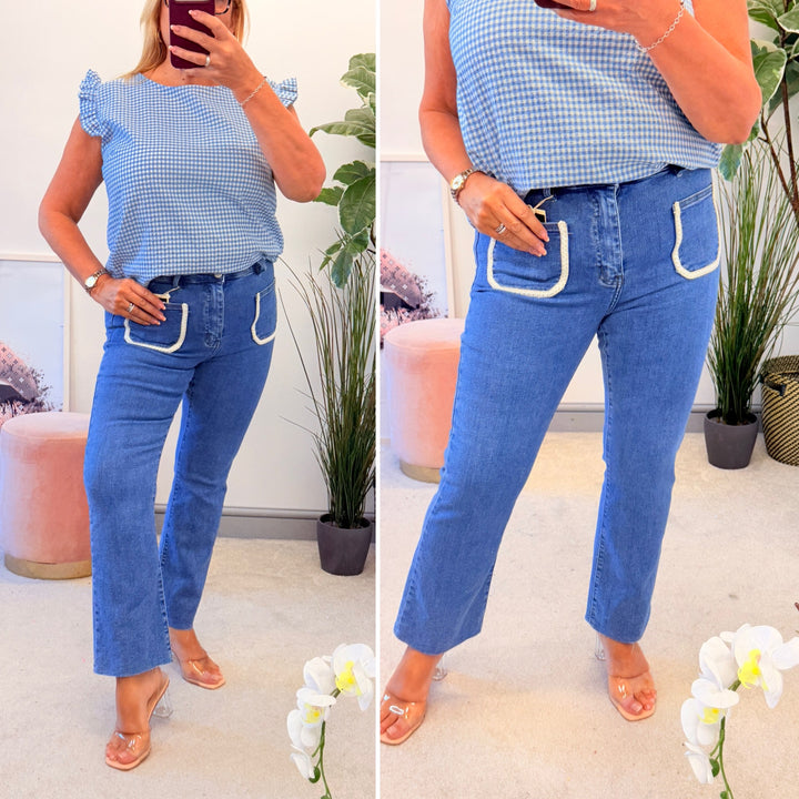 Ladies Fashion Front Pocket Blue Denim Ankle Grazer Jeans