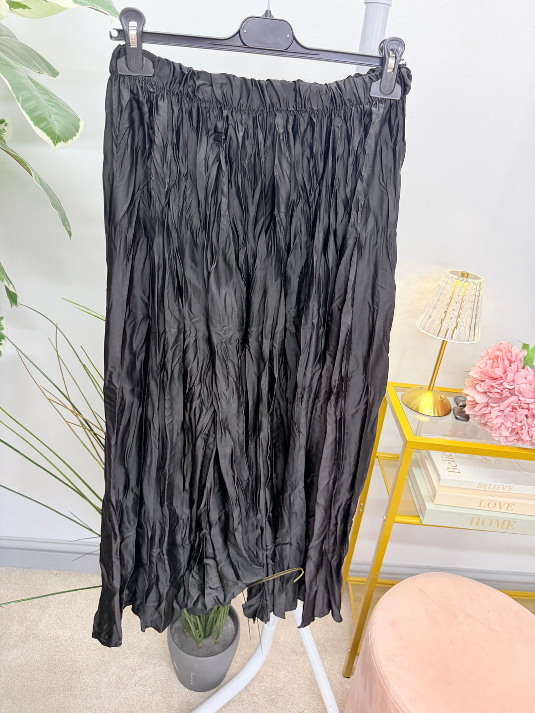 Ladies Fashion Satin Crinkle Maxi Skirt - Black, Navy, Brown, Khaki & Lime