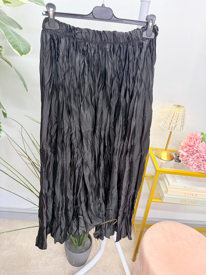 Ladies Fashion Satin Crinkle Maxi Skirt - Black, Navy, Brown, Khaki & Lime
