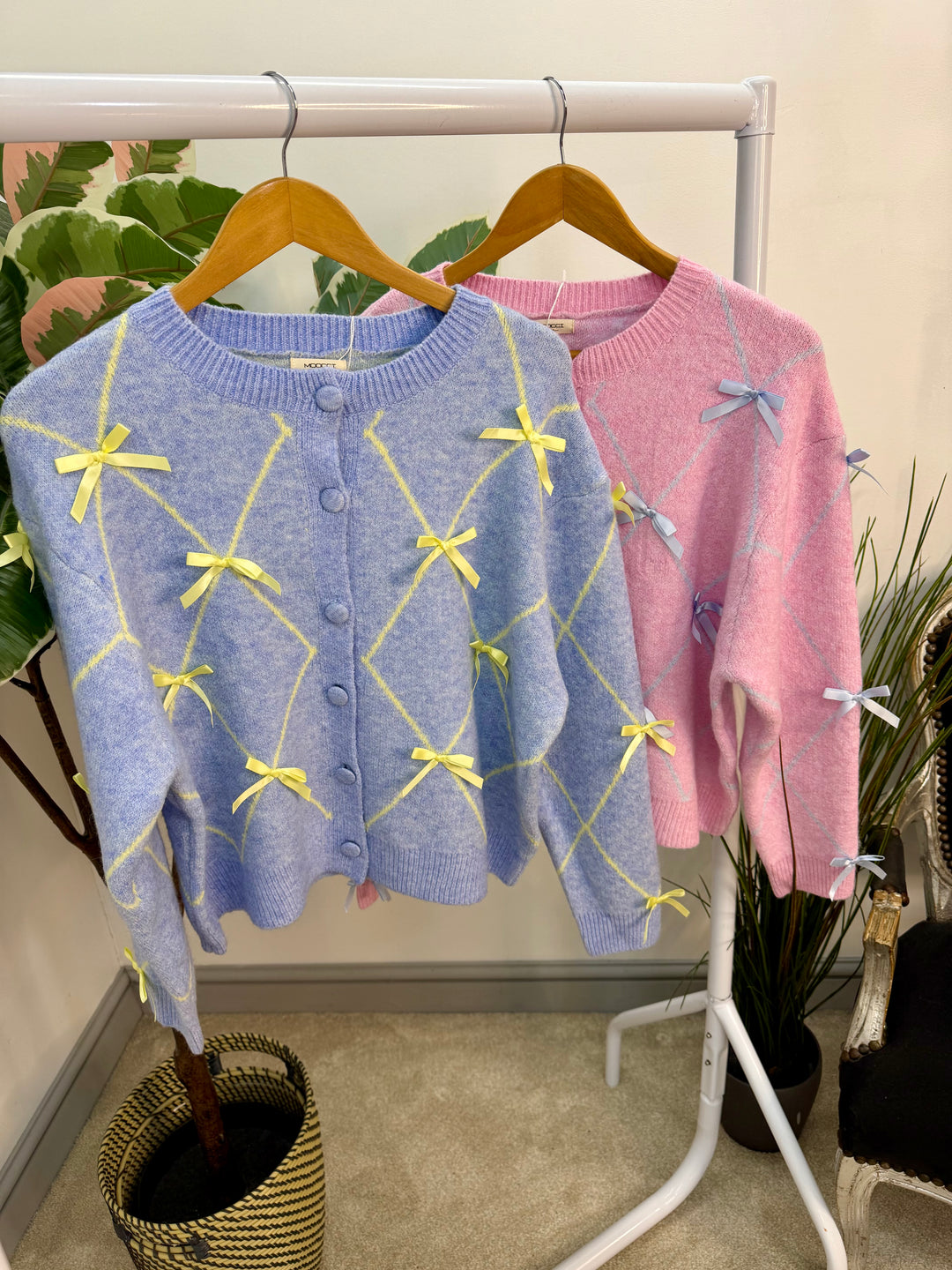 Ladies Fashion Soft Knit Satin Bow Cardigan - blue & pink