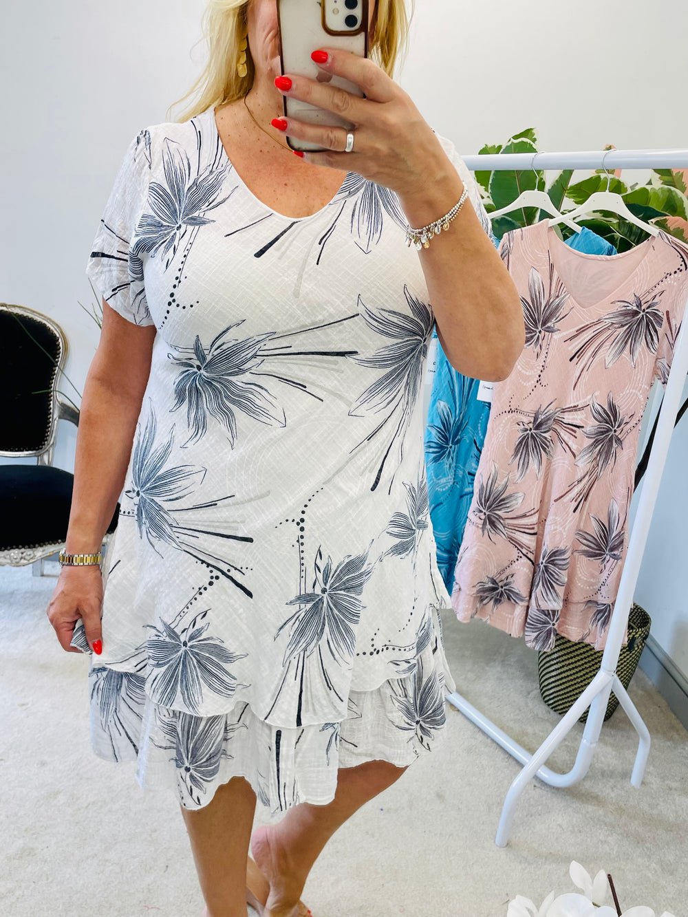 LADIES STRETCH COTTON SUMMER MIDI DAY DRESS - WHITE,  PINK, TURQOUISE