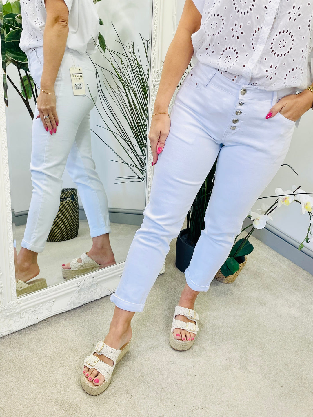 LADIES WOMENS WHITE MUM FIT SUMMER JEANS