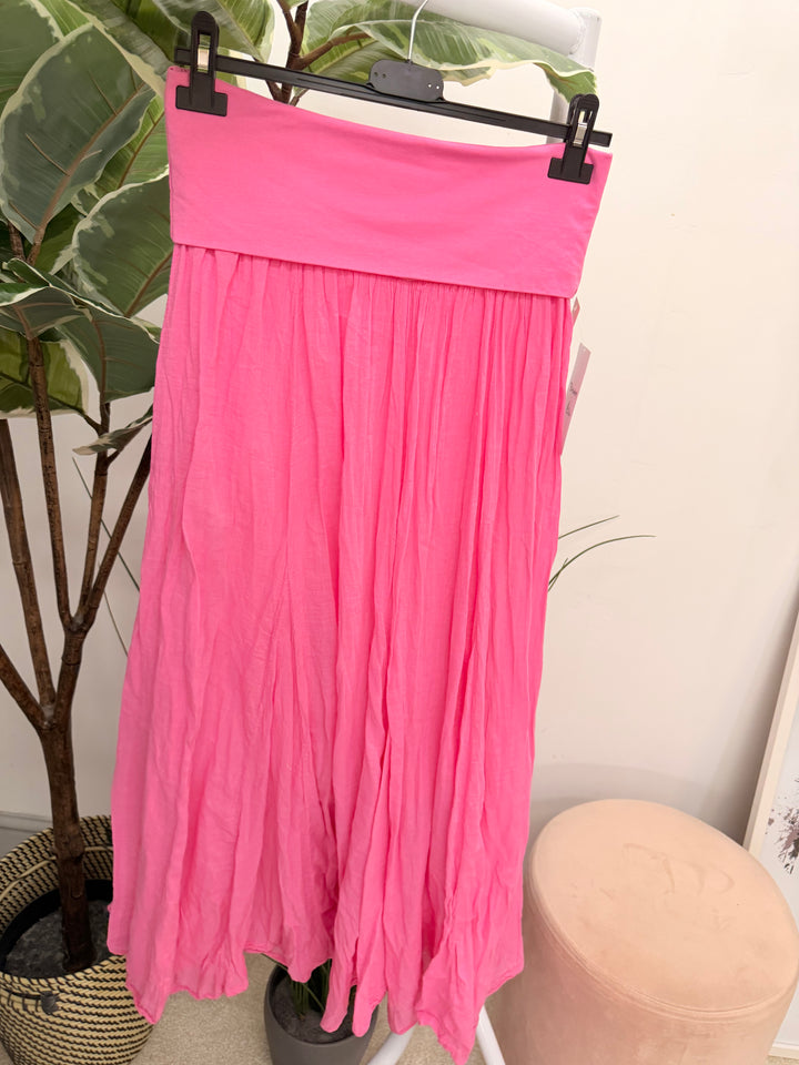 Ladies Fashion Crinkle Boho Maxi Skirt - Brown, White, Pink & Blue