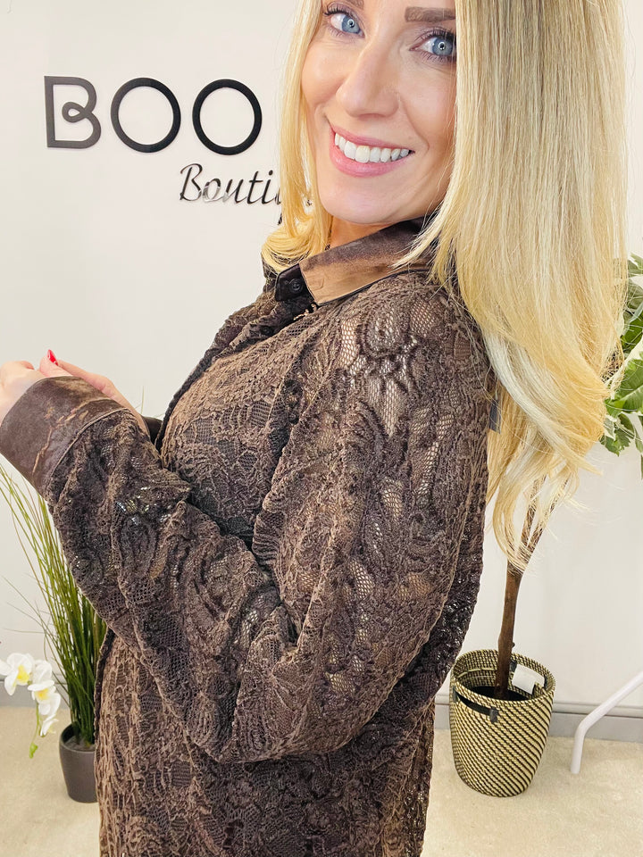 LADIES SHEER LACE BLOUSE SHIRT - BROWN, BLACK & BERRY