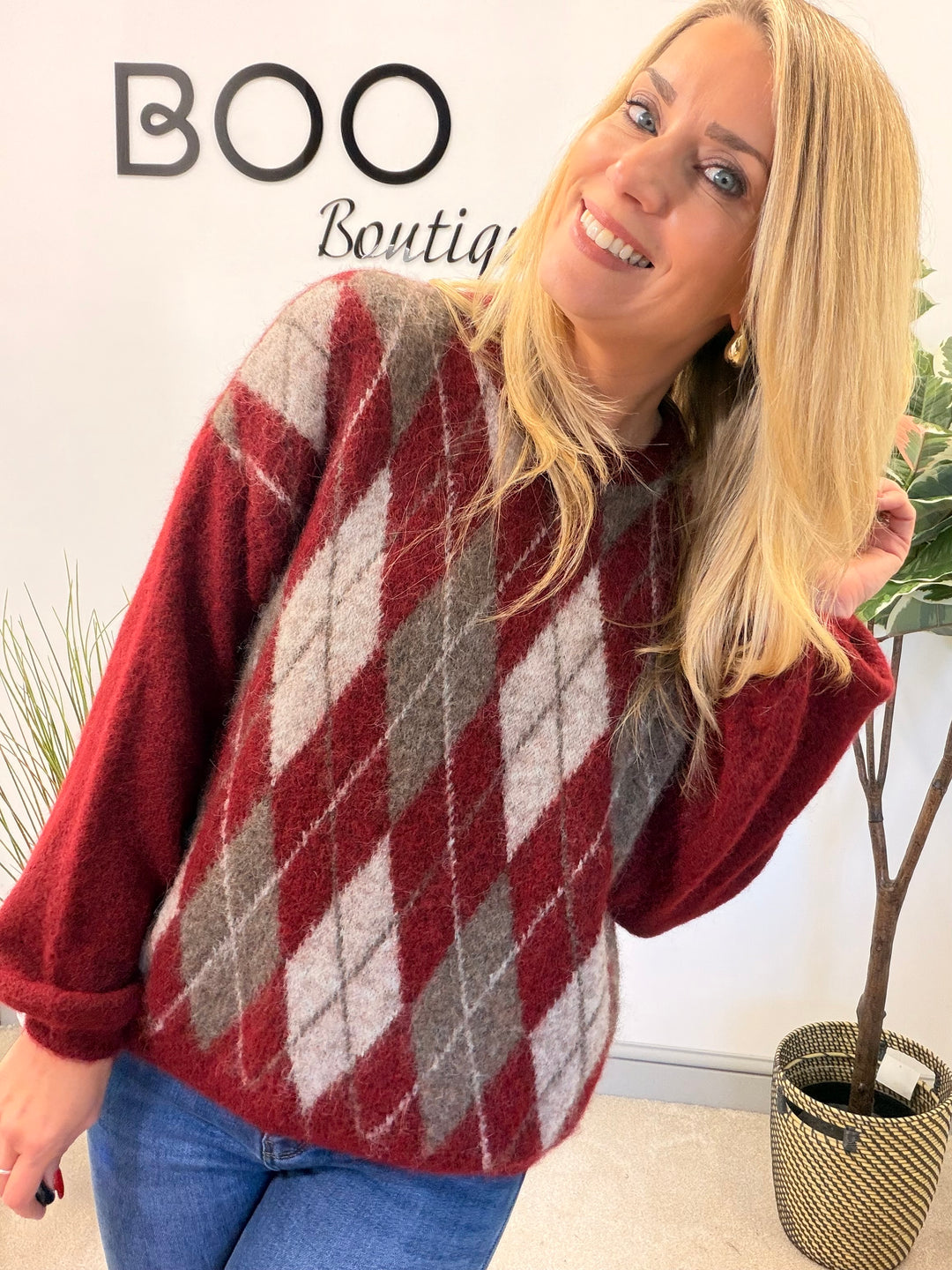 LADIES FASHION ARGYLE KNIT JUMPER - BERRY, CREAM, BROWN, 