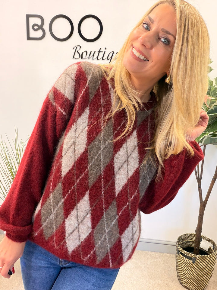 LADIES FASHION ARGYLE KNIT JUMPER - BERRY, CREAM, BROWN, 