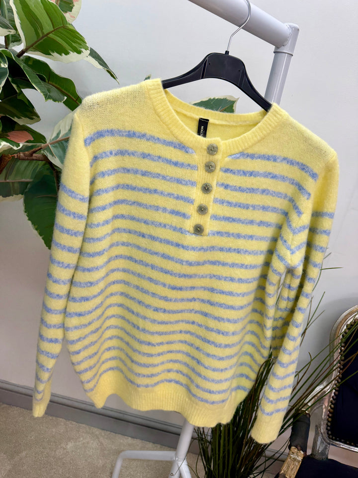 LADIES SOFT KNIT STRIPE GRANDAD JUMPER - LEMON, PINK, BLUE & BEIGE