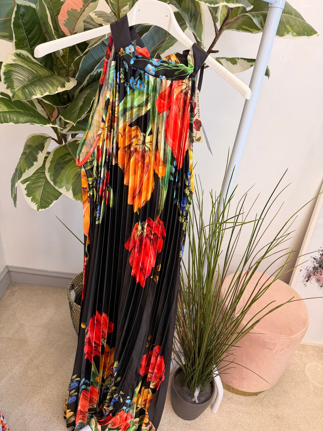Ladies Satin Pleated Flower Print Summer Maxi Dress - Black, Cream & Blue