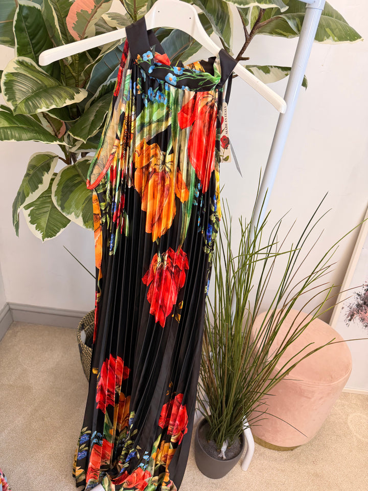Ladies Satin Pleated Flower Print Summer Maxi Dress - Black, Cream & Blue