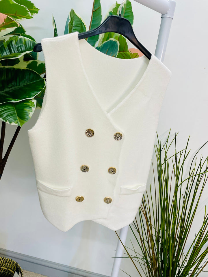 LADIES KNITTED DOUBLE BREASTED SLEEVELESS WAISTCOAT - WHITE, BLACK & BROWN