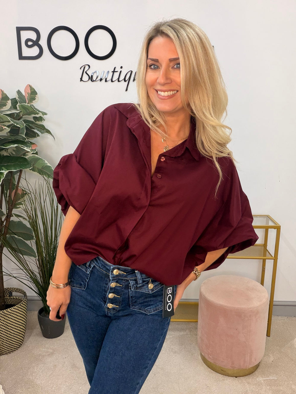 Women's Cotton Puff Sleeve Blouse Shirt Top - White, Burgundy & Brown