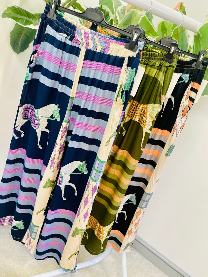 LADIES WOMENS INSPIRED PRINT SATIN PALAZZO PANTS TROUSERS - NAVY, BLACK & KHAKI