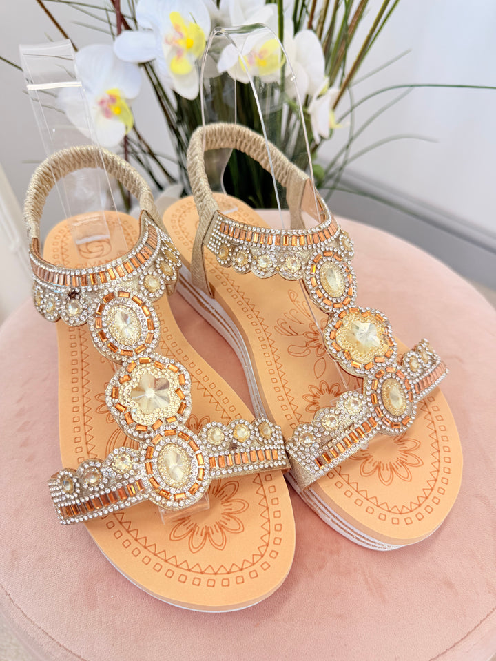 Ladies Fashion Gold Jewelled Small Wedge Sandals Shoes
