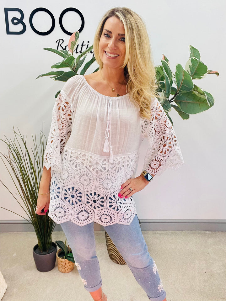 LADIES WOMENS PRETTY LACE CROCHET BARDOT TOP - WHITE, LILAC, PINK, BLUE
