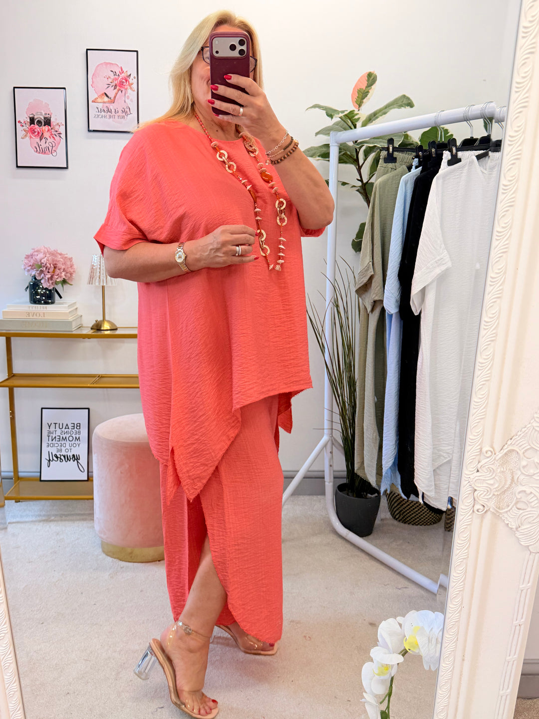 Ladies Harem Trouser Drape Top Co Ord - White, Coral, Khaki, Black & Blue
