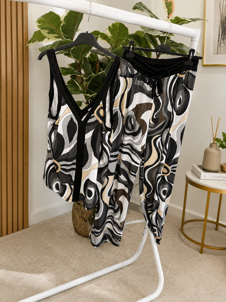 Ladies Retro Print Wide Leg Trouser Co Ord - Brown, Blue & Black
