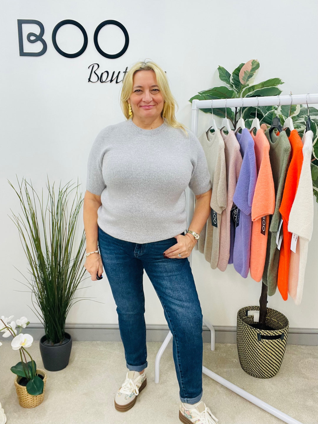 LADIES SOFT KNIT SHORT SLEEVE JUMPER SILVER GREY