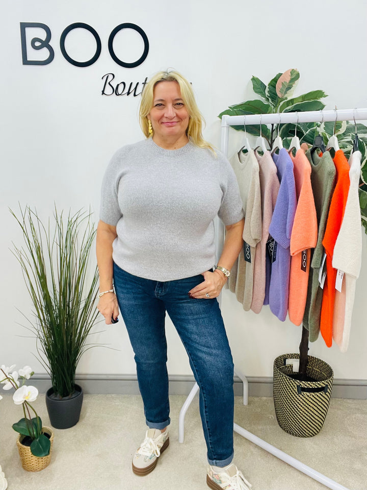 LADIES SOFT KNIT SHORT SLEEVE JUMPER SILVER GREY