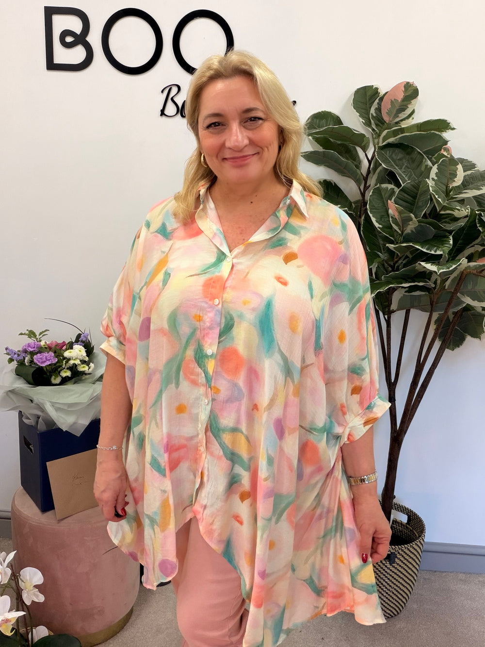 Ladies Fashion Tie Dye Loose Fit Flowy Oversize Blouse Top - pink & blue