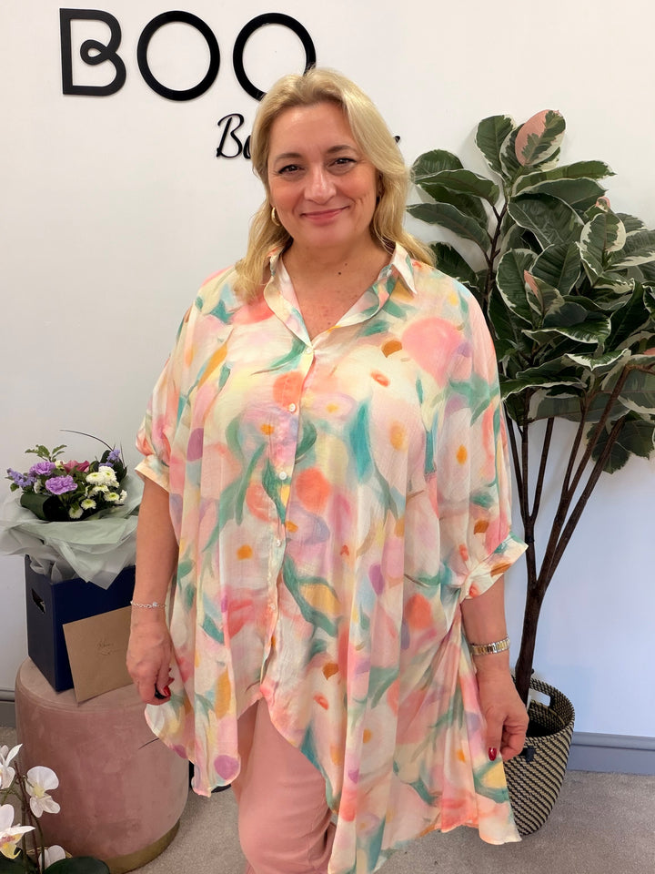 Ladies Fashion Tie Dye Loose Fit Flowy Oversize Blouse Top - pink & blue