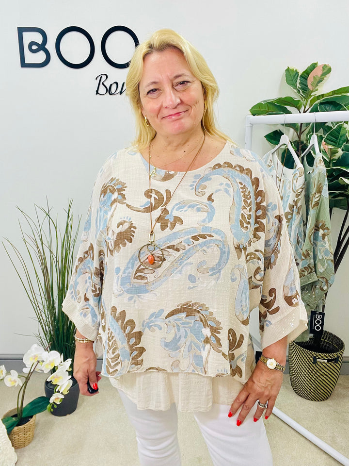 LADIES PAISLEY PRINT LINEN LOOSE FIT TOP - WHITE, BEIGE & KHAKI
