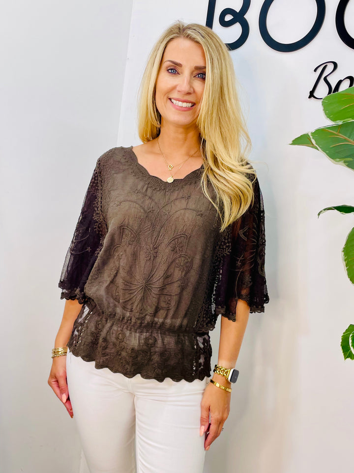 LADIES PRETTY LACY SUMMER BOHO TOP - WHITE, BEIGE & BROWN