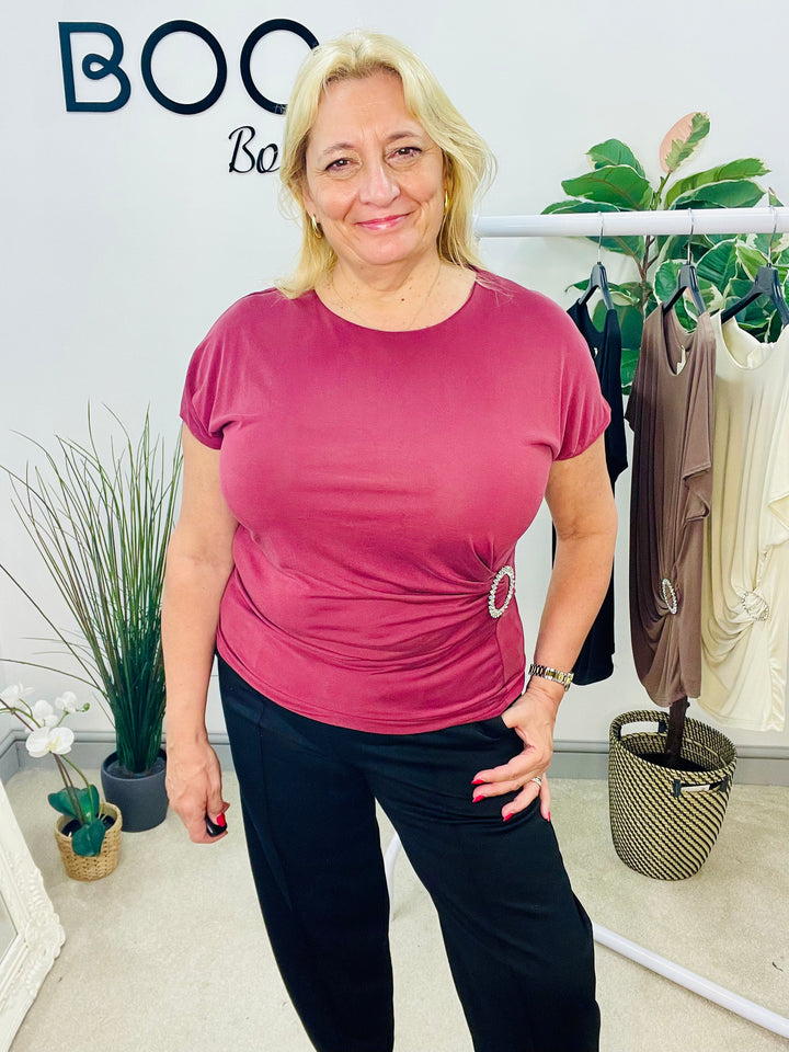 LADIES STRETCH RUCHE SIDE SHORT SLEEVE TOP - BURGUNDY, NAVY, BEIGE & BLACK