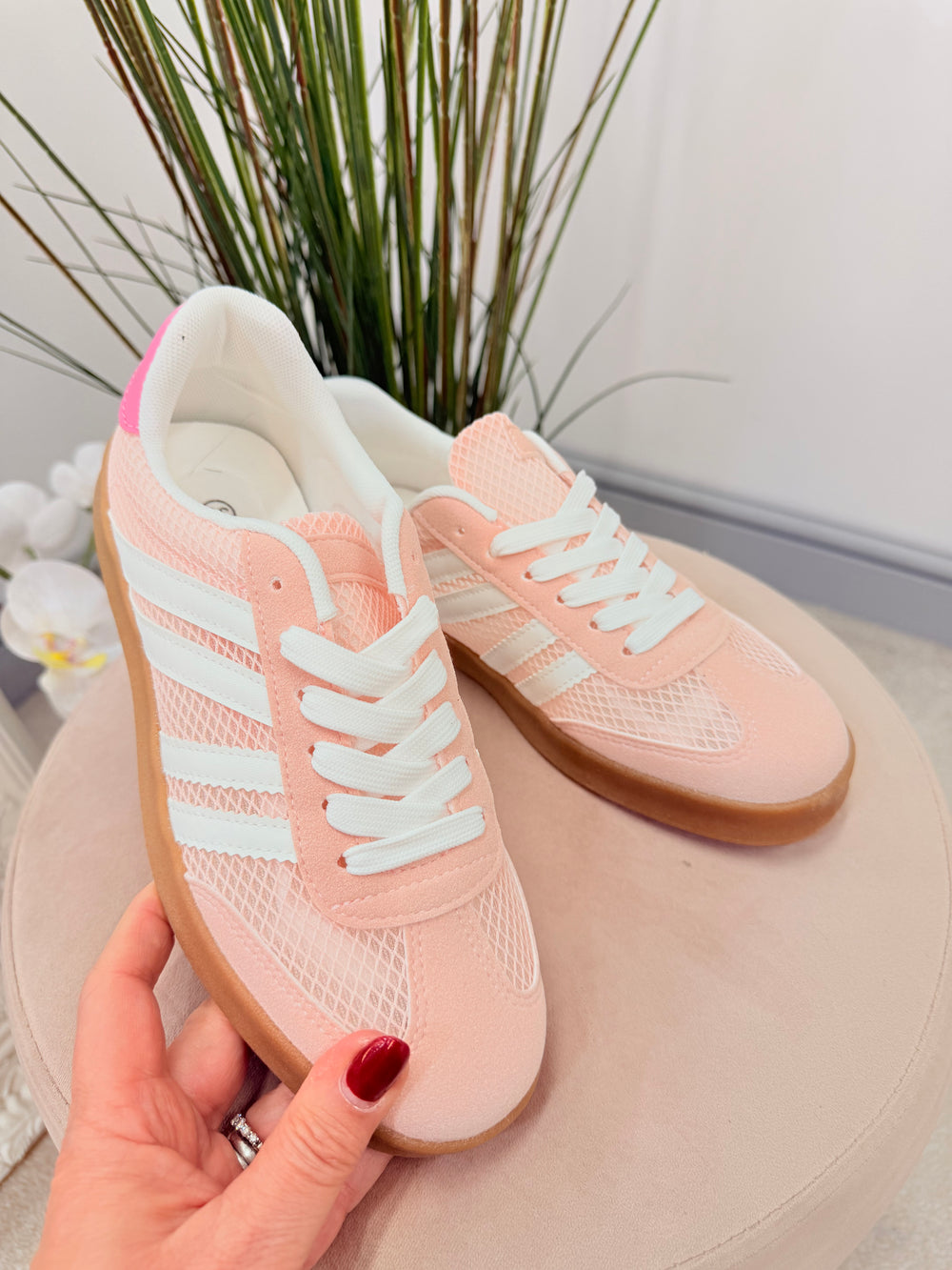 Ladies Fashion Baby Pink Stripe Mesh Trainers