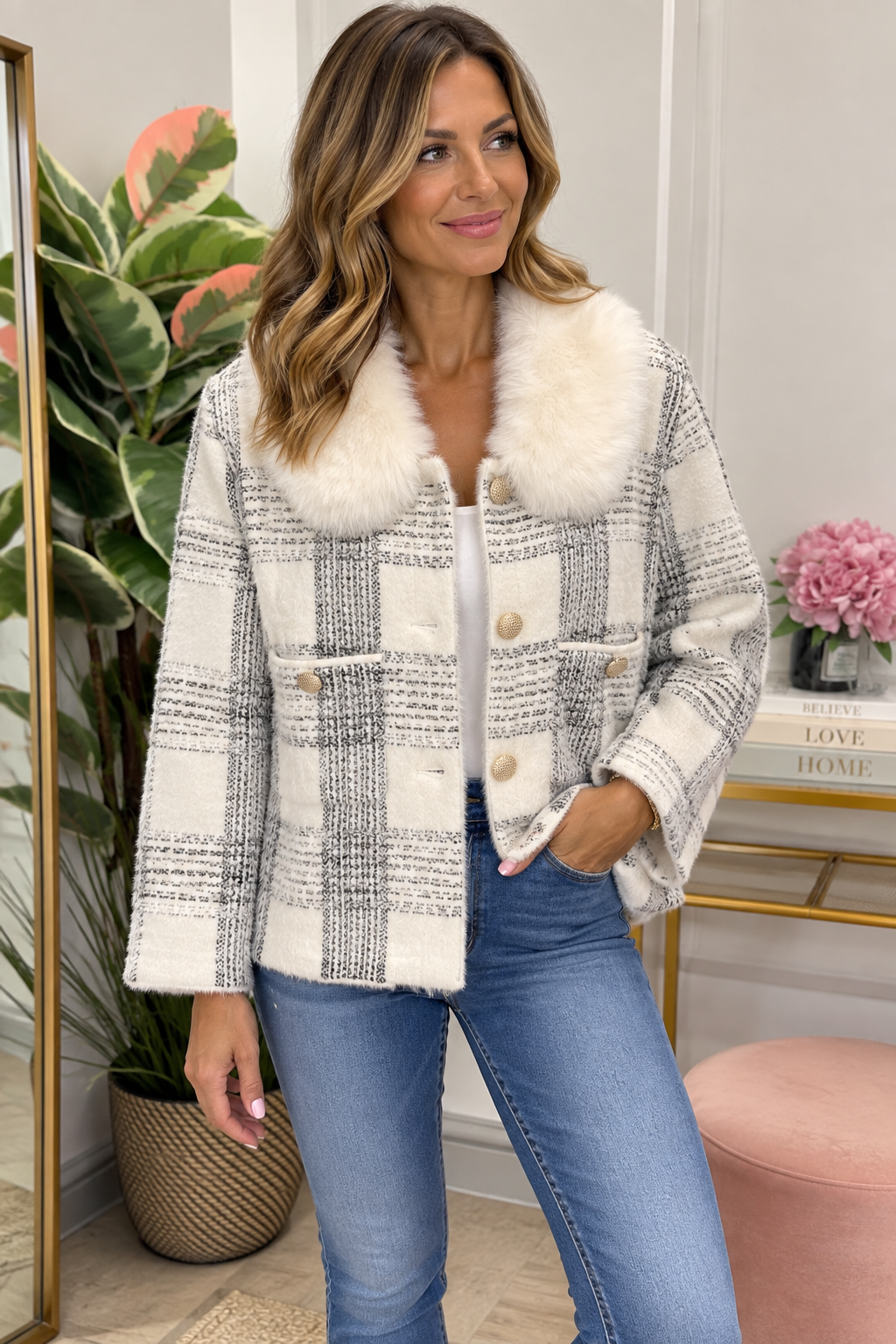 Ladies Fashion Fluffy Faux Fur Collar Cardigan Jacket - White, Black & Beige
