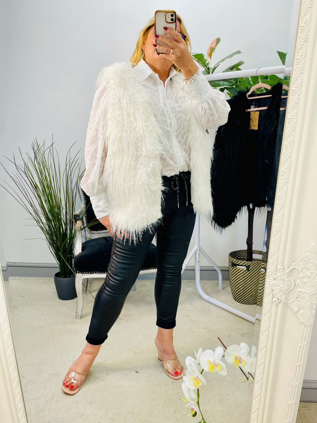 LADIES FLUFFY FURRY GILET - BLACK & WHITE