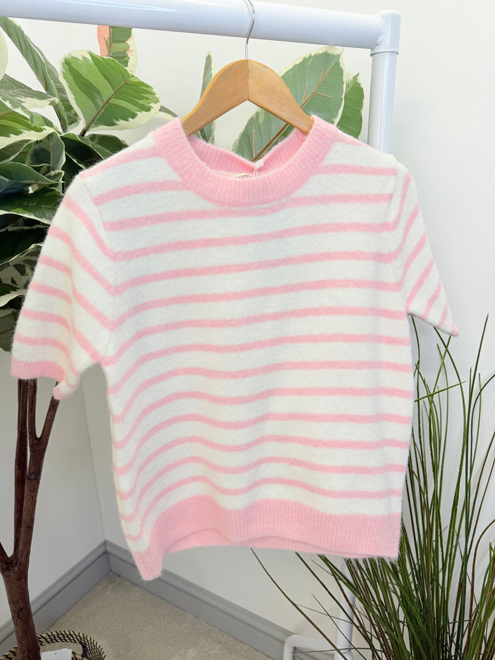 LADIES CREAM STRIPED SHORT SLEEVE JUMPER - PINK, BLUE & BEIGE