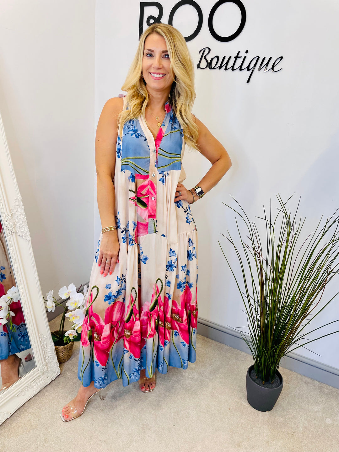 LADIES SUMMER SLEEVELESS HOLIDAY MAXI DRESS - RED, NAVY, KHAKI, PINK