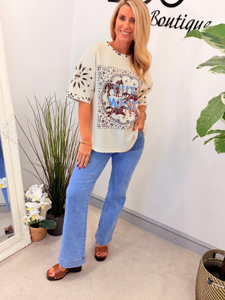 Ladies Fashion Cowboy Short Sleeve Top - Pink, White, Blue
