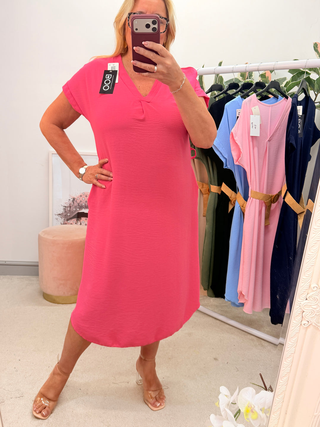 Ladies Fashion Casual Midi Dress fuschia pink