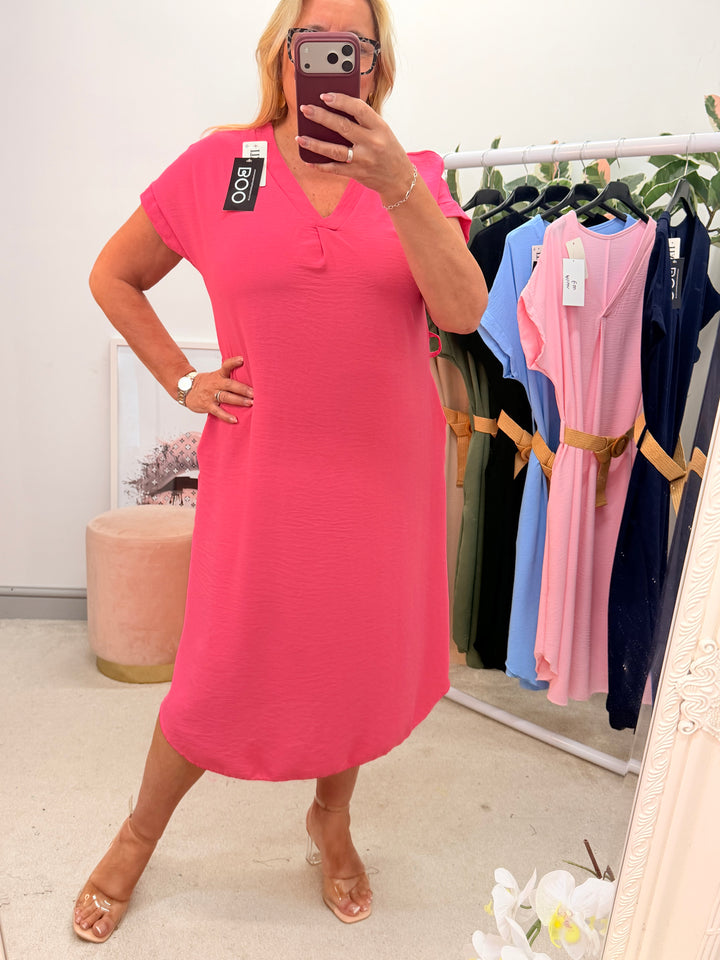 Ladies Fashion Casual Midi Dress fuschia pink