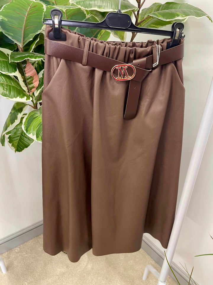LADIES FAUX LEATHER MIDI SKIRT - CHOCOLATE BROWN & BLACK