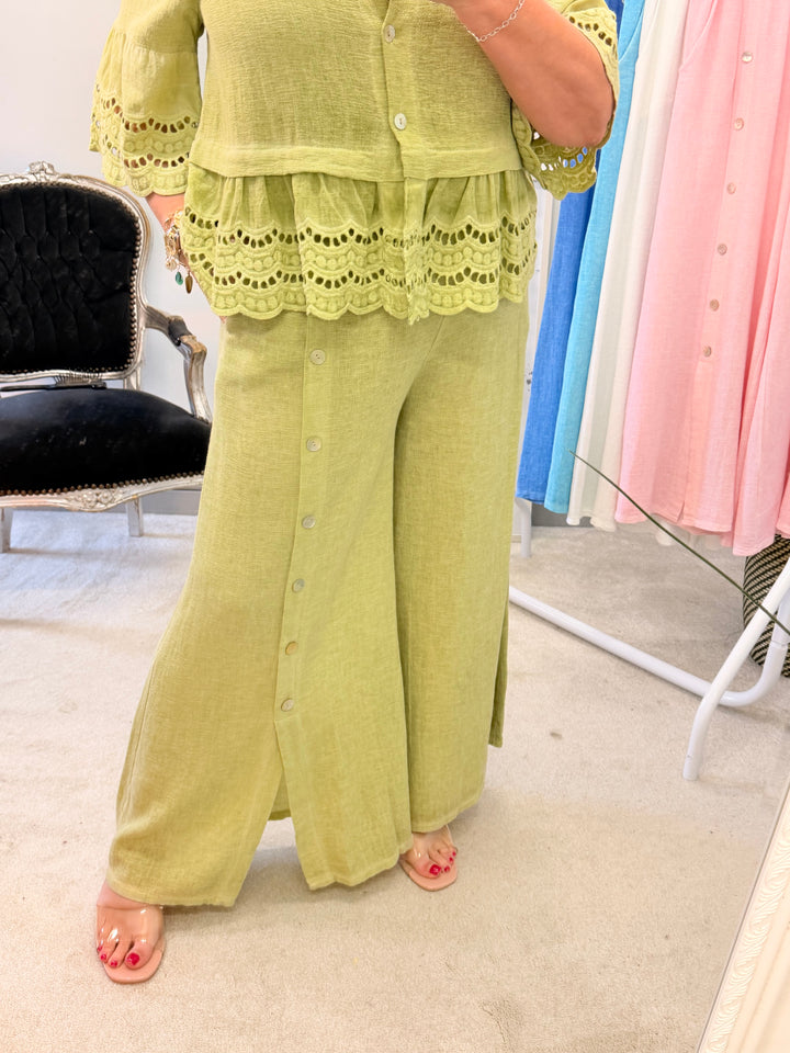 Ladies Fashion Wide Leg Palazzo Teabag Linen Trousers pistachio lime green
