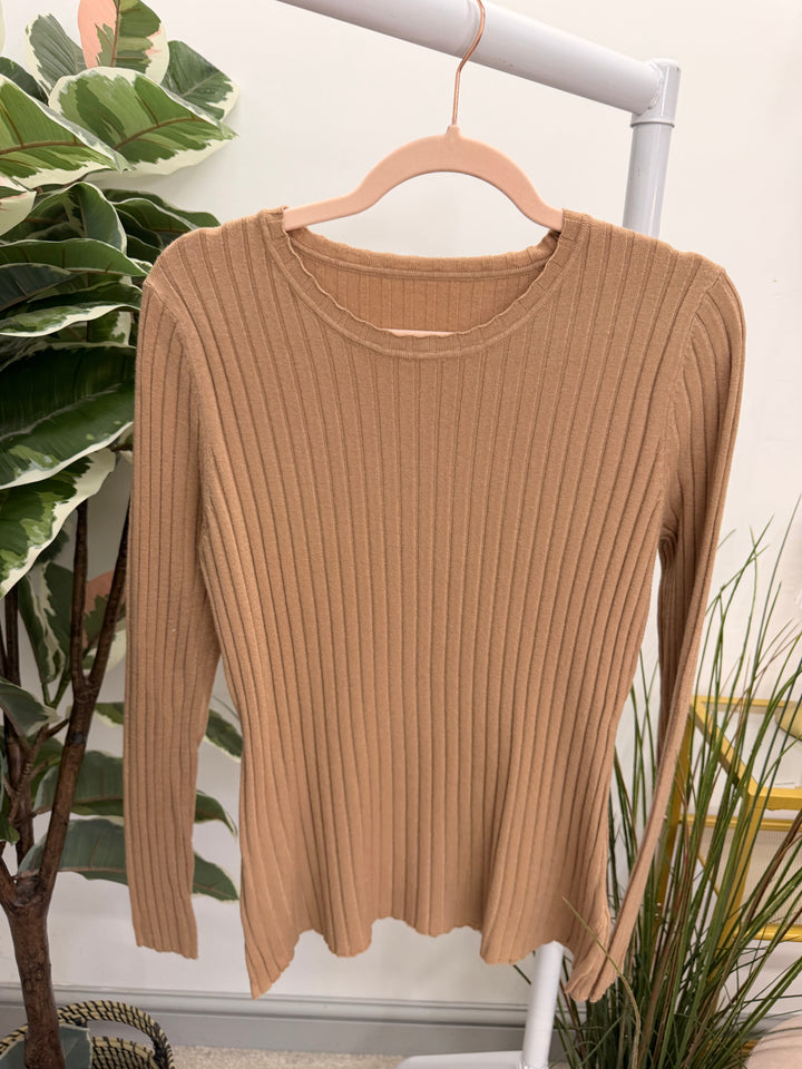Ladies Fashion Staple Style Ribbed Stretch Knit Long Sleeve Top - Black, Wine, Camel, White & Brown
