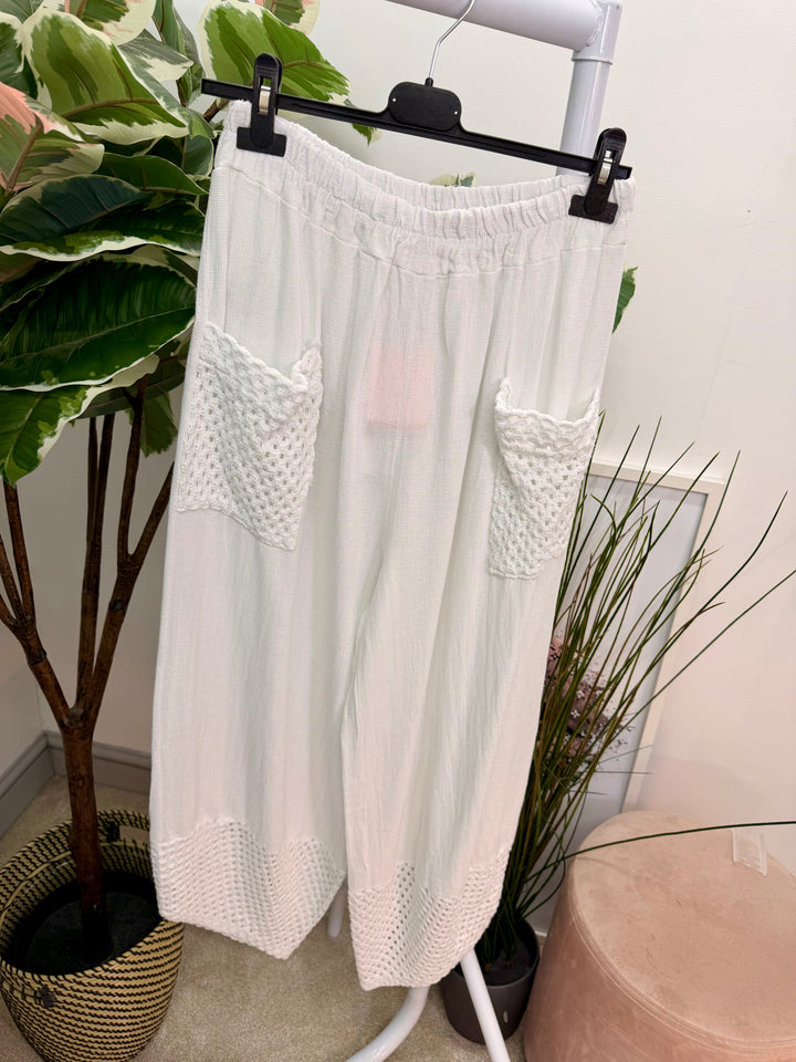 Ladies Crochet Pocket Harem Teabag Linen Trousers  white