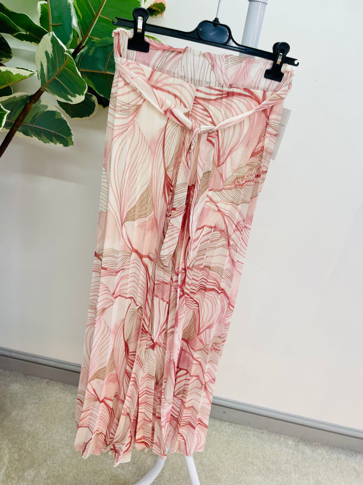 LADIES WOMENS PLEATED CHIFFON WIDE LEG TROUSER - RED, KHAKI, PINK