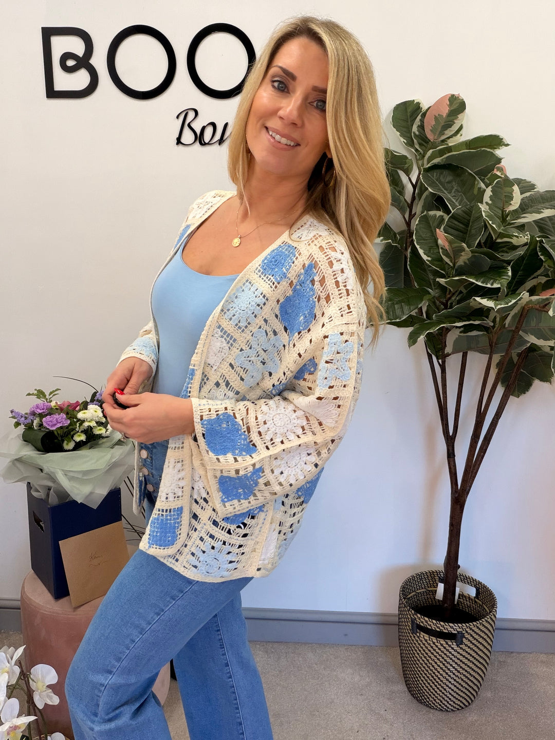 Ladies Fashion Beige Crochet Bolero Cardigan - pink, green & blue