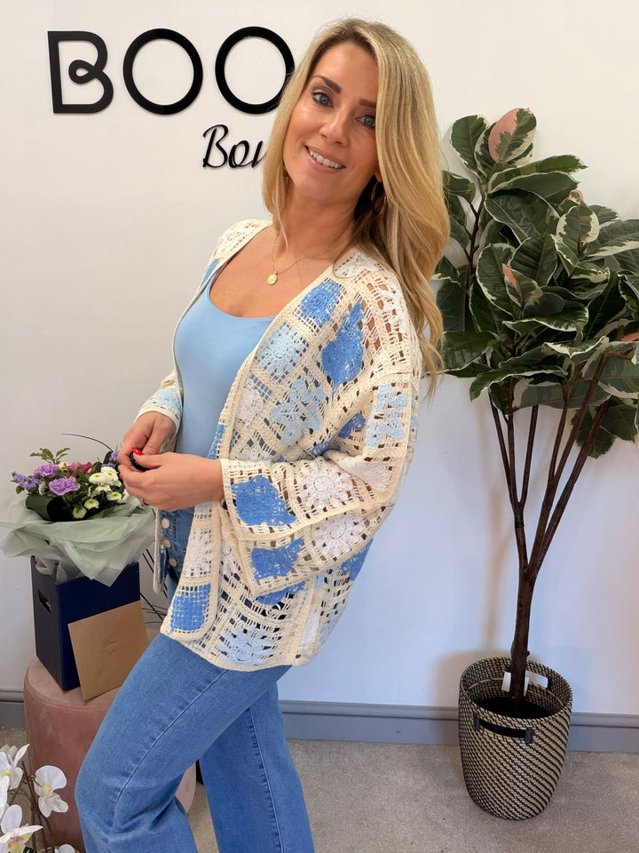 Ladies Fashion Beige Crochet Bolero Cardigan - pink, green & blue