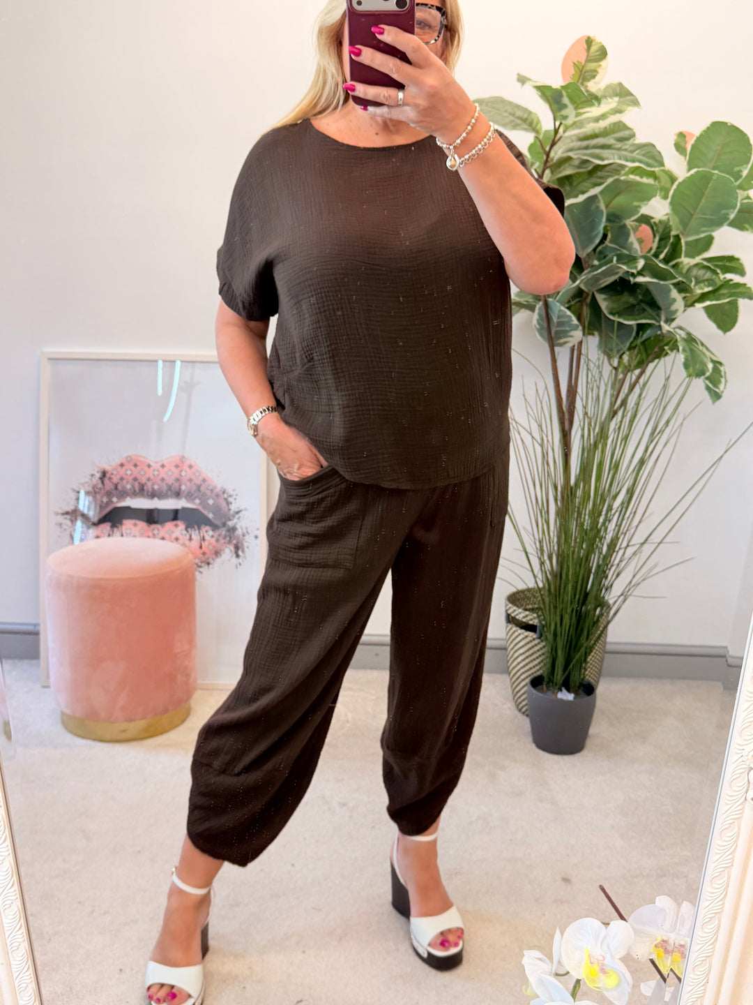Ladies Cheesecloth Harem Trouser Co Ord - Black, Lemon, Coral, Pink, Blue, Khaki, Beige & Brown